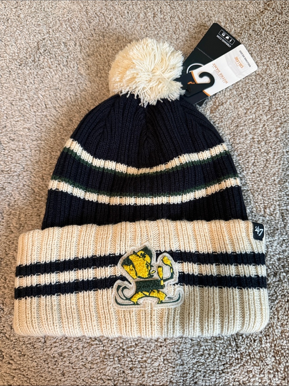 Notre Dame Navy, Cream and Green Pom-Pom Cuffed Beanie